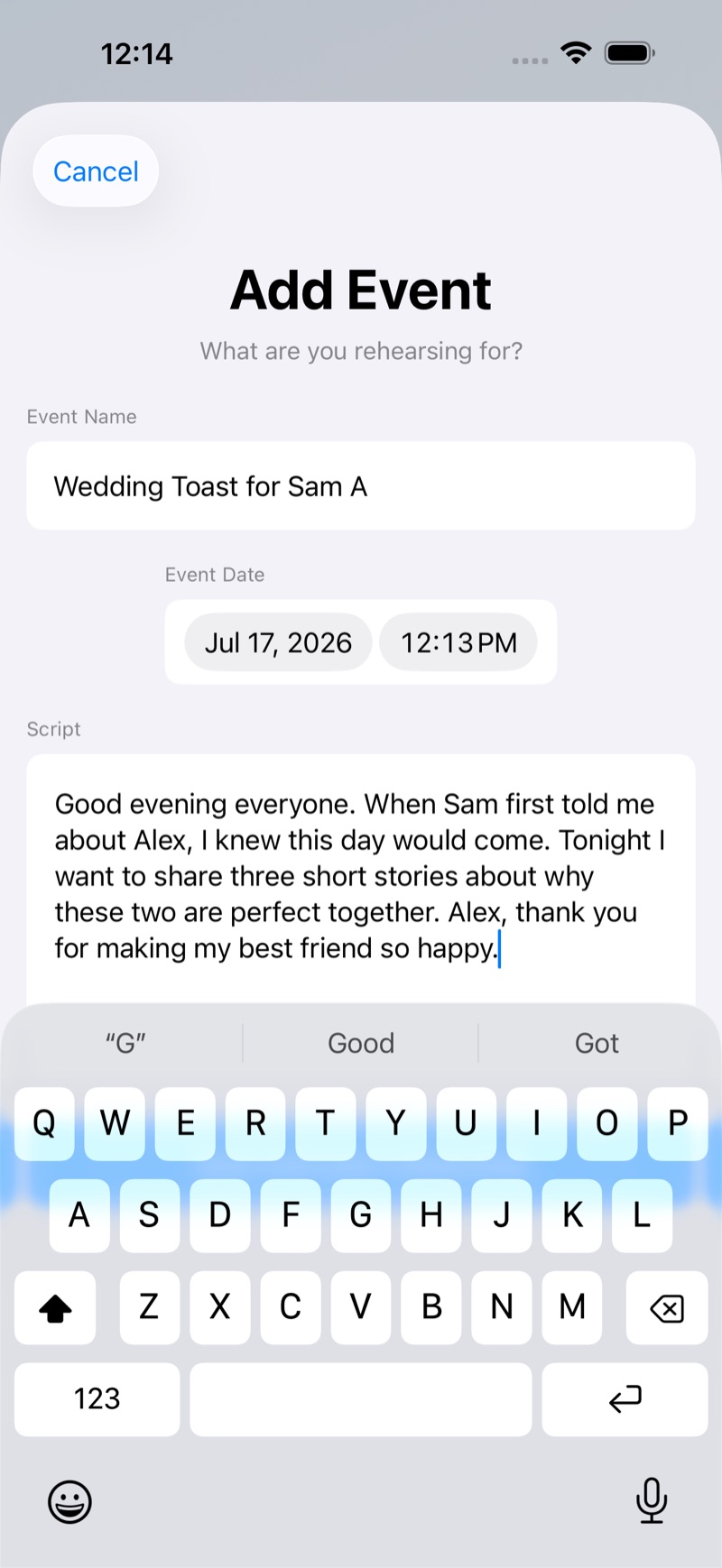 Screenshot of RehearSmart's Add Event screen, with a wedding toast script written out and ready to rehearse.