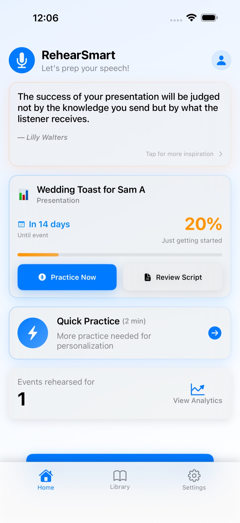 Screenshot of RehearSmart's home screen, showing progress on a wedding toast and a link to view analytics.