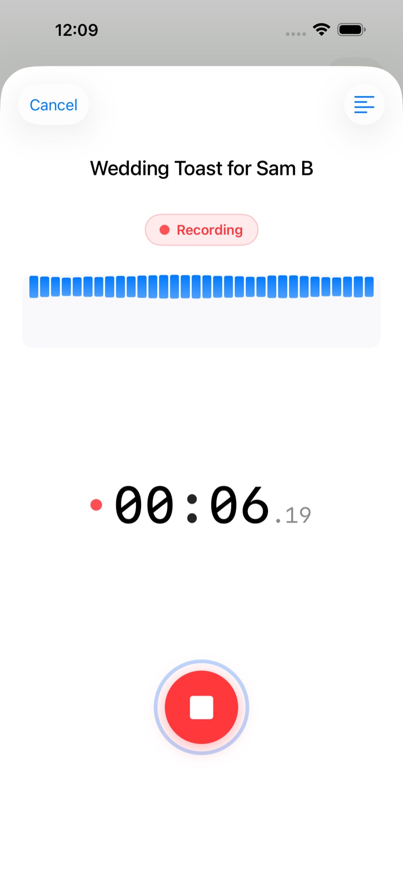 Screenshot of RehearSmart recording a rehearsal in progress, with a live waveform and timer.
