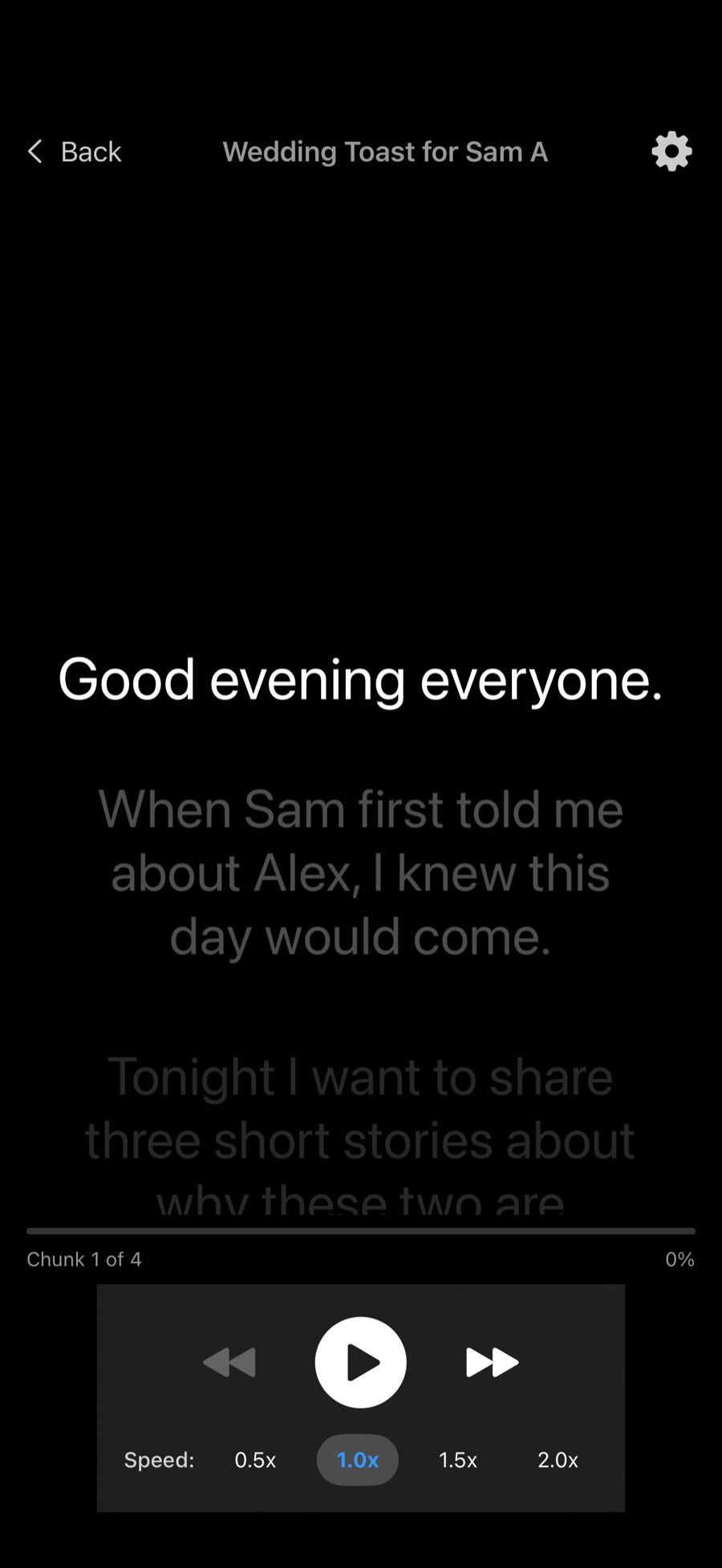 Screenshot of RehearSmart's teleprompter screen during a rehearsal, with the current line lit up and the next lines dimmed below it.